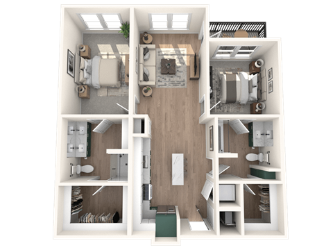A 3D floor plan of a small apartment with two bedrooms, a living room, and a kitchen.